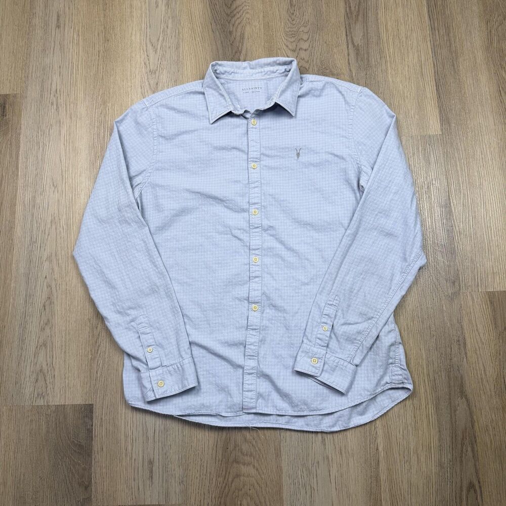 AllSaints Shirt Mens XL Blue Check Long Sleeve Button Up Embroidered Logo